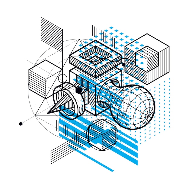 Abstract 3d shapes composition, vector isometric background. Composition of cubes, hexagons, squares, rectangles and different abstract elements.