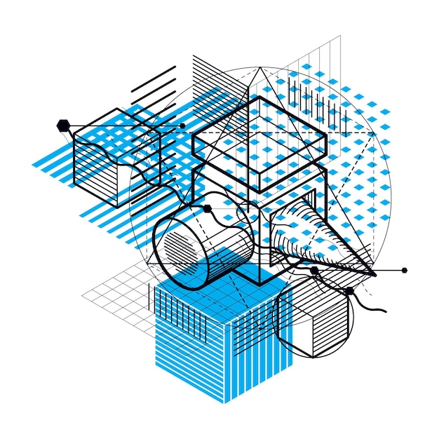 abstract 3d shapes composition, vector isometric background. composition of cubes, hexagons, squares, rectangles and different abstract elements.
