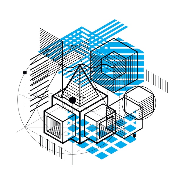 Abstract 3d shapes composition, vector isometric background. Composition of cubes, hexagons, squares, rectangles and different abstract elements.