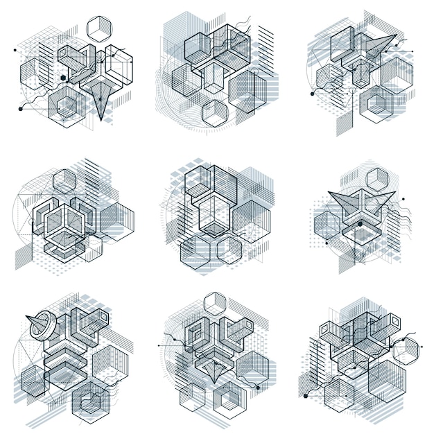 abstract 3d shapes compositions, vector isometric backgrounds. compositions of cubes, hexagons, squares, rectangles and different abstract elements. vector collection.