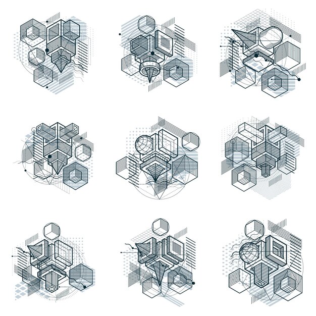 abstract 3d shapes compositions, vector isometric backgrounds. compositions of cubes, hexagons, squares, rectangles and different abstract elements. vector collection.