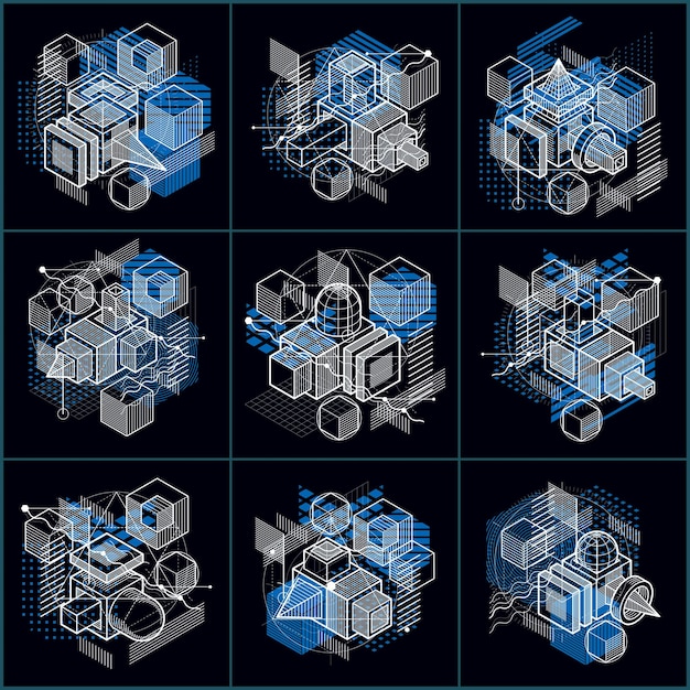 Abstract 3d shapes compositions, vector isometric backgrounds. Compositions of cubes, hexagons, squares, rectangles and different abstract elements. Vector collection.