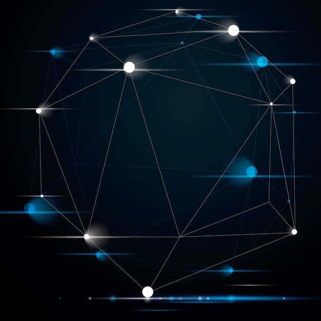 Abstract 3D structure polygonal network shine object with sparkles, grayscale deformed figure.