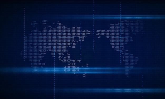 Abstract a stream of binary code numbers on the monitor are the computer matrix of world map Hitech communication concept innovation background vector design