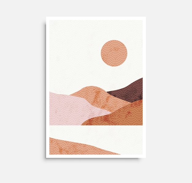 Abstract aesthetic landscape poster with mountains sun moon sea and wave pattern Wall art home decor Vector EPS 10