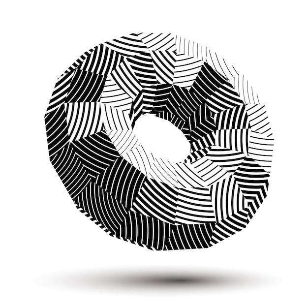 Abstract asymmetric vector monochrome stripy object, complicated geometric shape with parallel lines, grayscale.