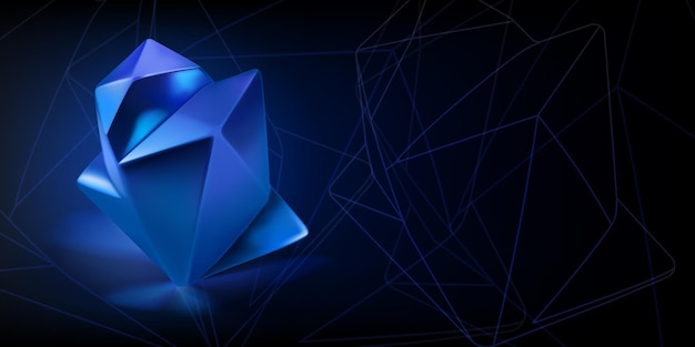 Abstract background with a blue lowpoly 3d object in the form of a polyhedron and a outlines of geometric shapes on a dark background