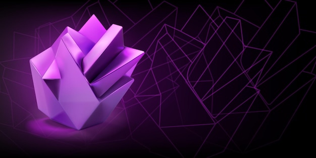 Abstract background with a purple lowpoly 3d object in the form of a polyhedron and a outlines of geometric shapes on a dark background