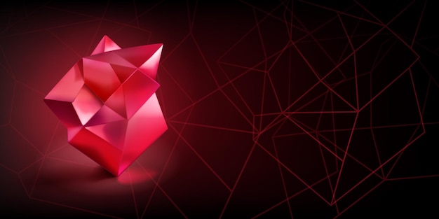 Abstract background with a red lowpoly 3d object in the form of a polyhedron and a outlines of geometric shapes on a dark background