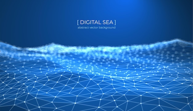 abstract background with glowing wave sea and water dots lines and triangular polygons futuristic digital pattern data network technology mesh blue vector concept of science cyber space flow