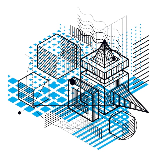 abstract background with isometric lines, vector illustration. template made with cubes, hexagons, squares, rectangles and different abstract elements.
