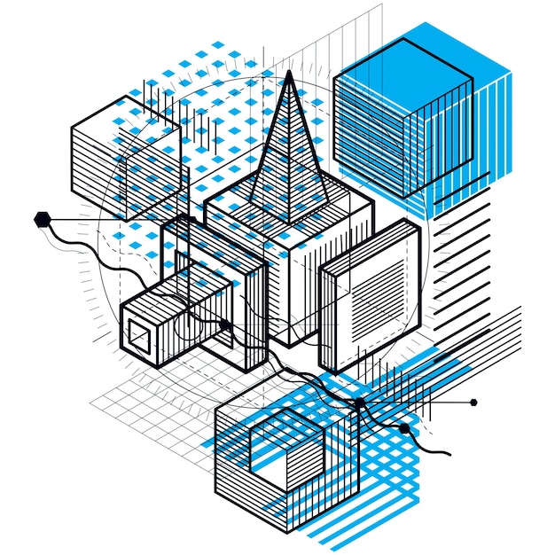 abstract background with isometric lines, vector illustration. template made with cubes, hexagons, squares, rectangles and different abstract elements.