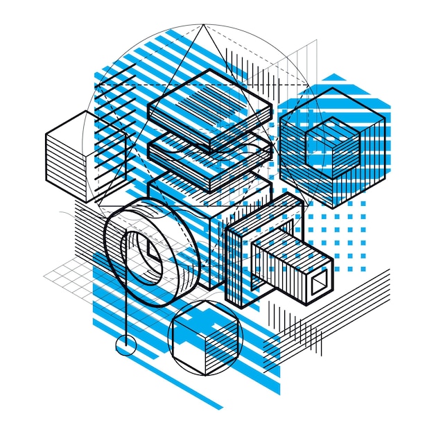 Abstract background with isometric lines, vector illustration. Template made with cubes, hexagons, squares, rectangles and different abstract elements.