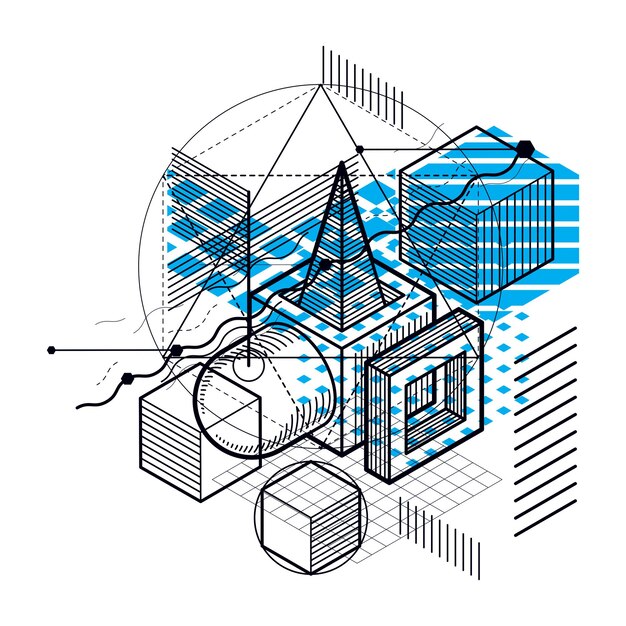 abstract background with isometric lines, vector illustration. template made with cubes, hexagons, squares, rectangles and different abstract elements.