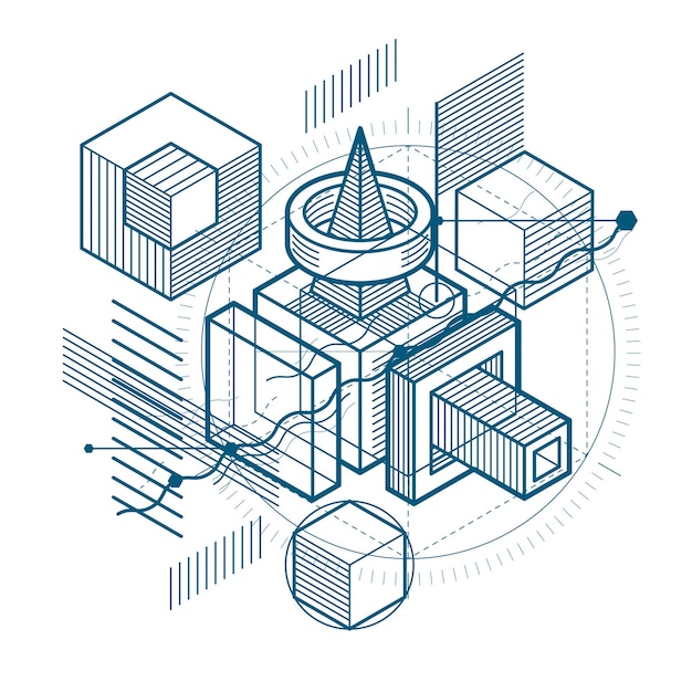 abstract background with isometric lines, vector illustration. template made with cubes, hexagons, squares, rectangles and different abstract elements.