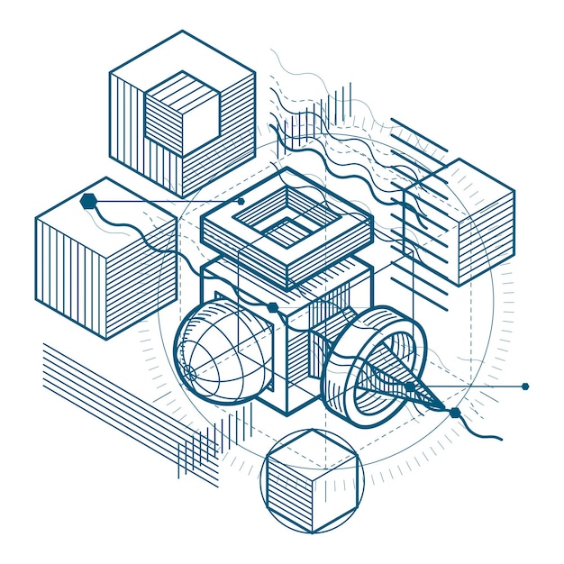 abstract background with isometric lines, vector illustration. template made with cubes, hexagons, squares, rectangles and different abstract elements.