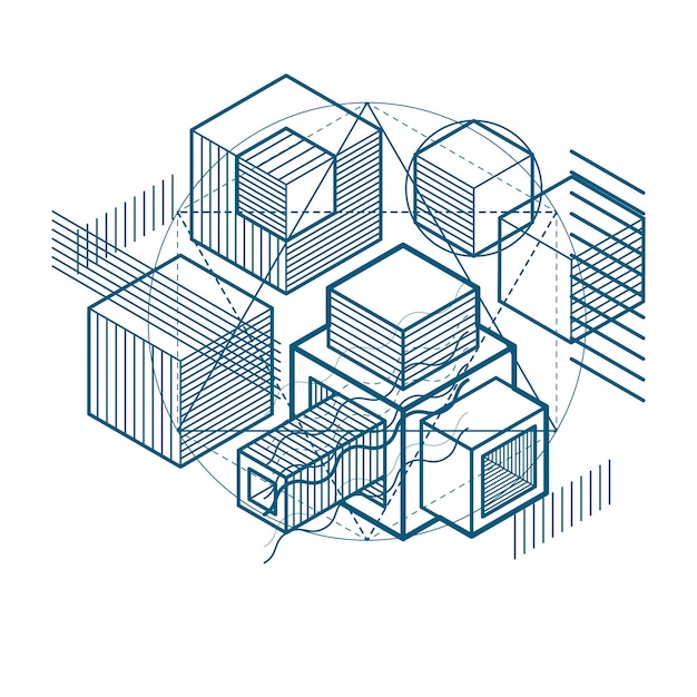 Abstract background with isometric lines, vector illustration. Template made with cubes, hexagons, squares, rectangles and different abstract elements.