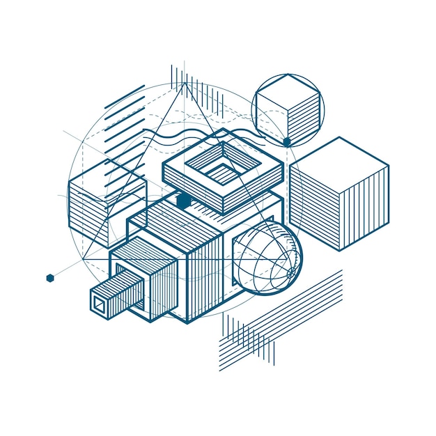 Abstract background with isometric lines, vector illustration. Template made with cubes, hexagons, squares, rectangles and different abstract elements.
