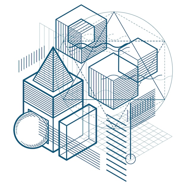 Abstract background with isometric lines, vector illustration. Template made with cubes, hexagons, squares, rectangles and different abstract elements.