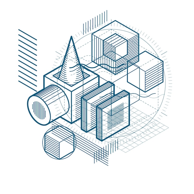 abstract background with isometric lines, vector illustration. template made with cubes, hexagons, squares, rectangles and different abstract elements.