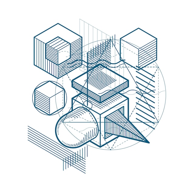 Abstract background with isometric lines, vector illustration. Template made with cubes, hexagons, squares, rectangles and different abstract elements.