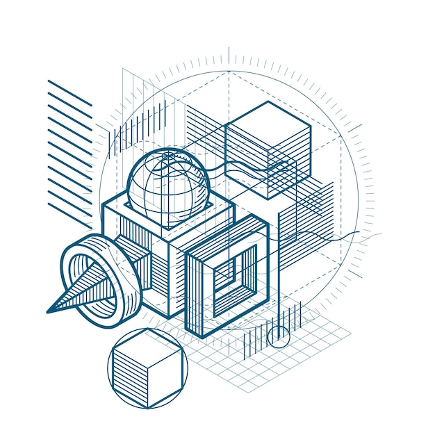 Abstract background with isometric lines, vector illustration. Template made with cubes, hexagons, squares, rectangles and different abstract elements.