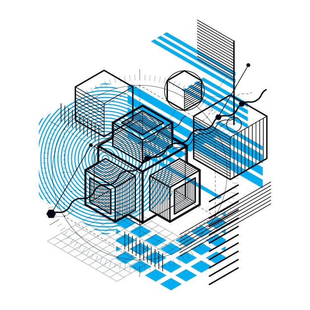 Abstract background with isometric lines, vector illustration. Template made with cubes, hexagons, squares, rectangles and different abstract elements.