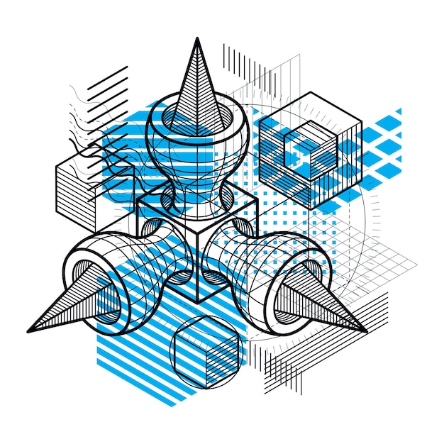 abstract background with isometric lines, vector illustration. template made with cubes, hexagons, squares, rectangles and different abstract elements.
