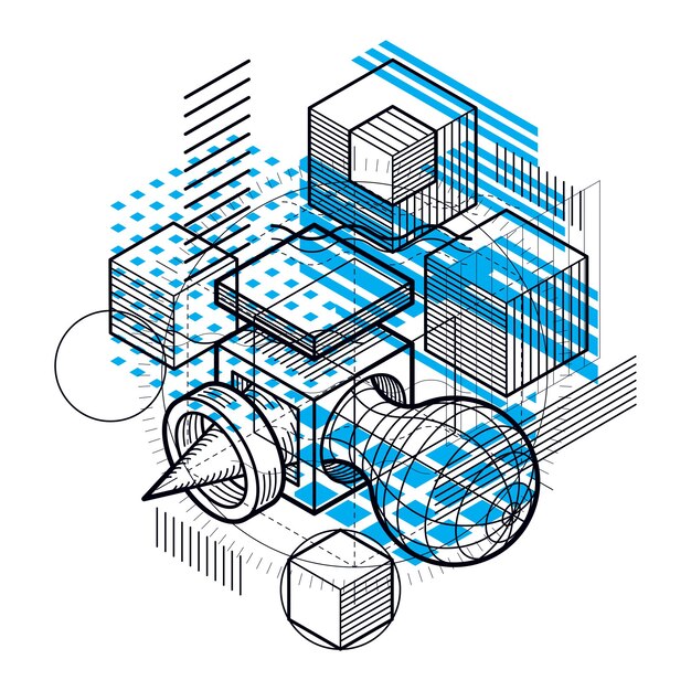 Abstract background with isometric lines, vector illustration. Template made with cubes, hexagons, squares, rectangles and different abstract elements.