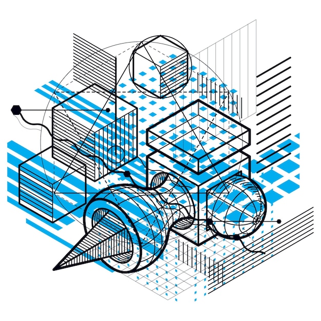 Abstract background with isometric lines, vector illustration. Template made with cubes, hexagons, squares, rectangles and different abstract elements.
