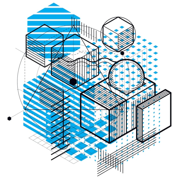 Abstract background with isometric lines, vector illustration. Template made with cubes, hexagons, squares, rectangles and different abstract elements.