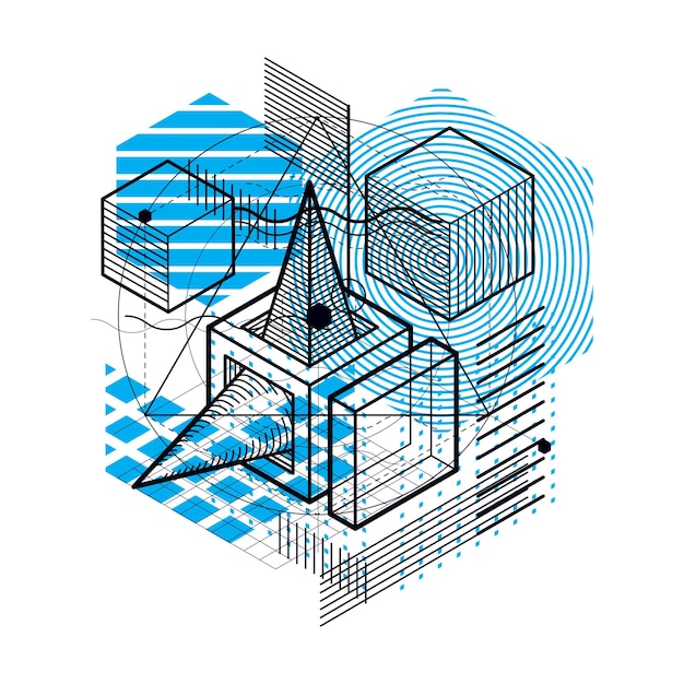 Abstract background with isometric lines, vector illustration. Template made with cubes, hexagons, squares, rectangles and different abstract elements.