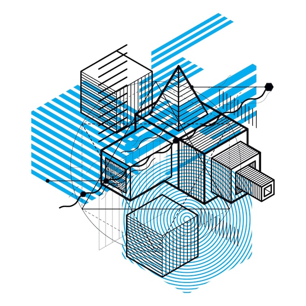 abstract background with isometric lines, vector illustration. template made with cubes, hexagons, squares, rectangles and different abstract elements.