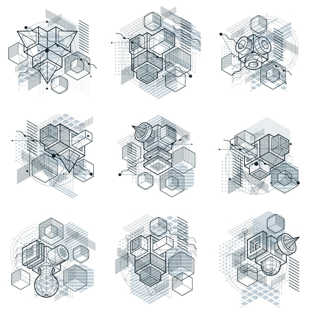 abstract backgrounds with isometric elements, vector linear art with lines and shapes. cubes, hexagons, squares, rectangles and different abstract elements. vector set.