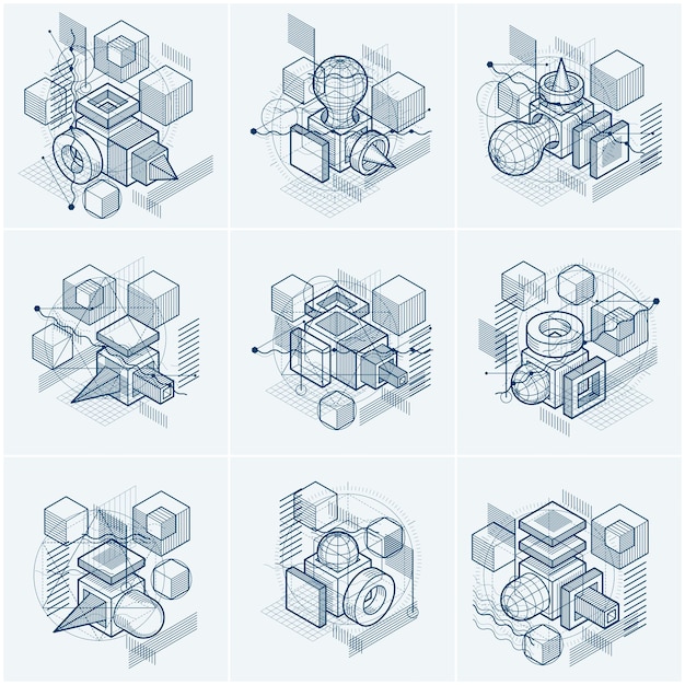 Abstract backgrounds with isometric lines, vector illustrations. Templates made with cubes, hexagons, squares, rectangles and different abstract elements. Vector set.