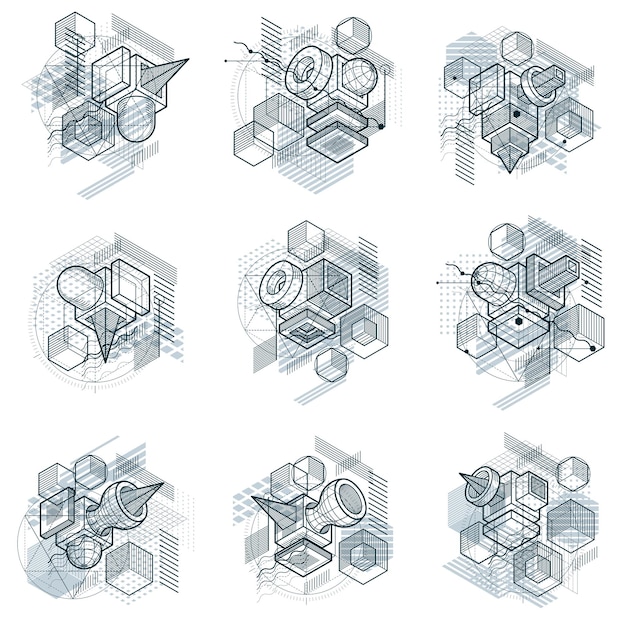 Abstract backgrounds with isometric lines, vector illustrations. Templates made with cubes, hexagons, squares, rectangles and different abstract elements. Vector set.