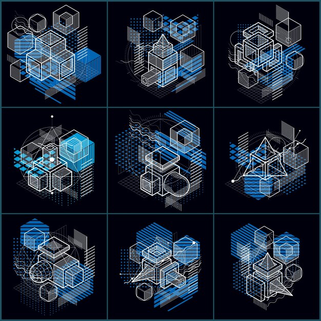 Abstract backgrounds with isometric lines, vector illustrations. Templates made with cubes, hexagons, squares, rectangles and different abstract elements. Vector set.