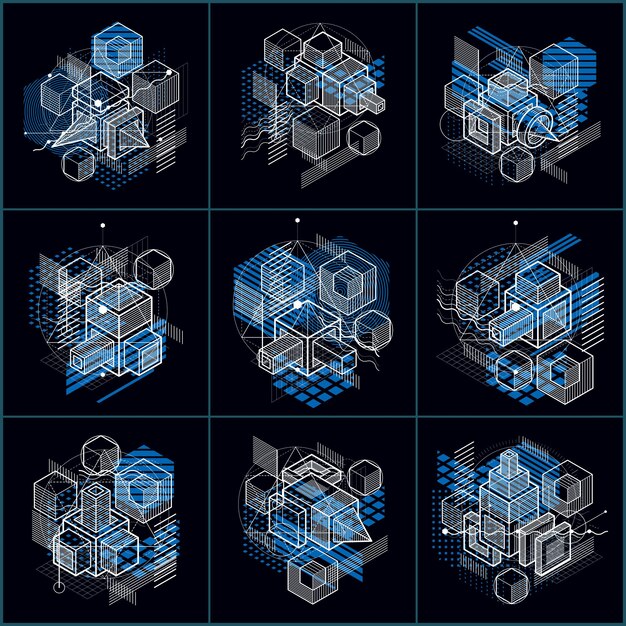 Abstract backgrounds with isometric lines, vector illustrations. Templates made with cubes, hexagons, squares, rectangles and different abstract elements. Vector set.