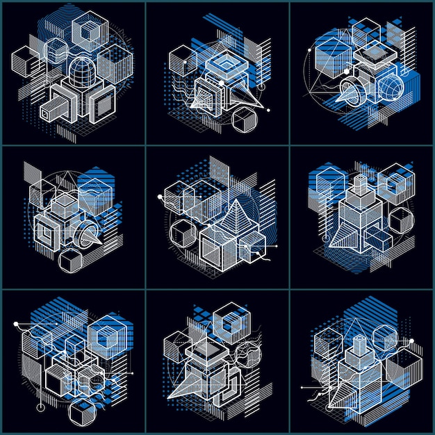 abstract backgrounds with isometric lines, vector illustrations. templates made with cubes, hexagons, squares, rectangles and different abstract elements. vector set.