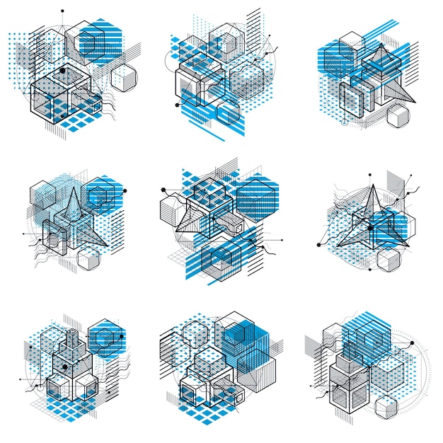 Abstract backgrounds with isometric lines, vector illustrations. Templates made with cubes, hexagons, squares, rectangles and different abstract elements. Vector set.