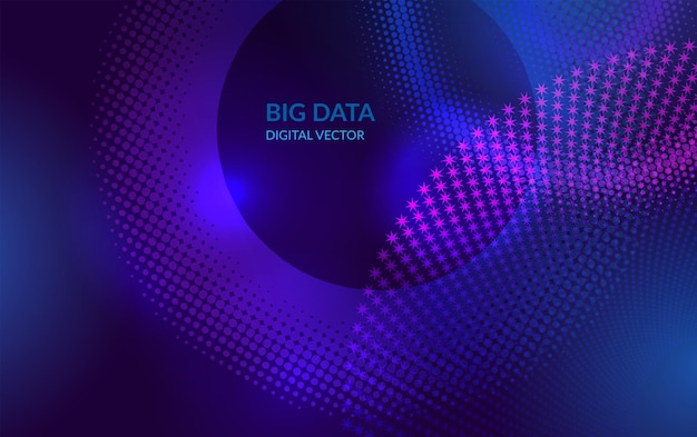 Abstract big data technology background digital vector with blue and purple halftone circles and stars pattern futuristic IT artificial intelligence blockchain data flow network and analytics