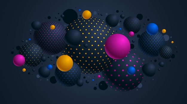 Abstract black and color dotted spheres vector background composition of flying balls decorated with dots 3D mixed globes