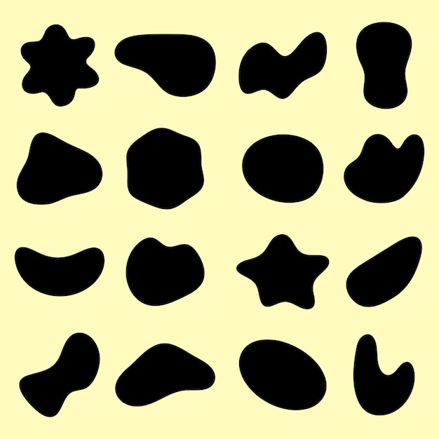 Abstract black shapes on a yellow background Various organic shapes create a playful pattern Shapes include stars and blobs forming a unique abstract design Black shape vector set