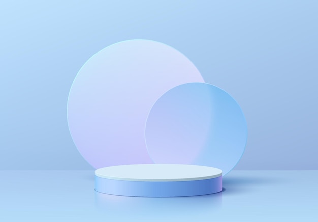 Abstract blue 3D background with realistic cylinder pedestal podium blue round circles overlap scene