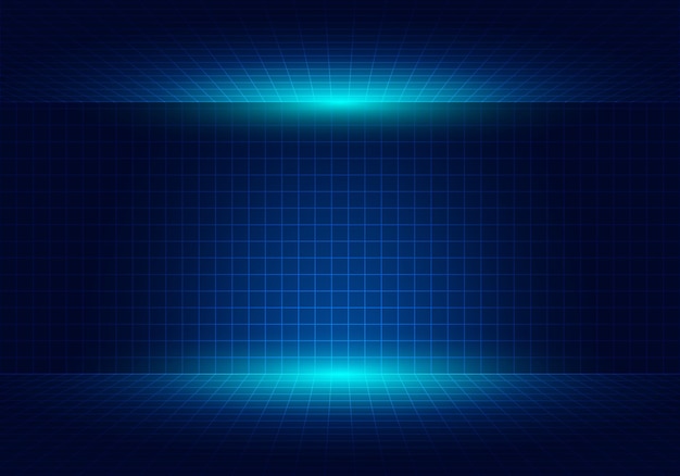 Abstract blue grid perspective design background with lighting.
