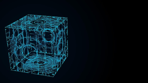 abstract blue scifi cube with particle and line vector technology network connection on world global digital connections ai wireframe cube blockchain encryption