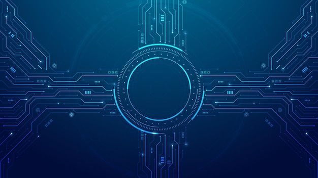 Abstract circuit board with electronic elements Circuit board with HUD frame connected lines and dots AI and digital technology Innovation science and engineering concepts Vector illustration