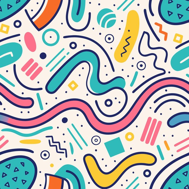 abstract colorful pattern with geometric shapes and doodle lines