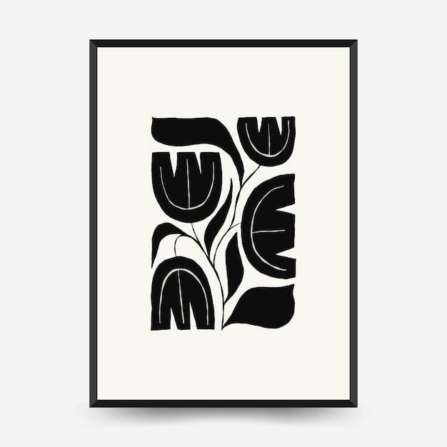 Abstract dark floral posters template Modern trendy Matisse minimal style Black and white colors