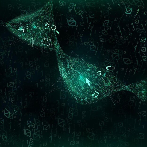 Abstract Data stream Green technology vector background with wavy binary code floating Data stream concept